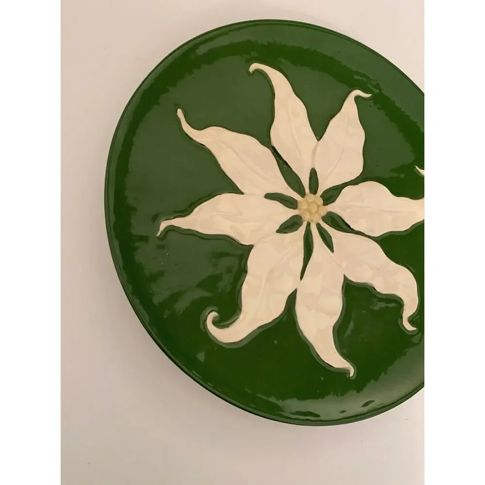 Vintage 1953 Poinsettia Handpainted Plate Green White Kitchshy Holiday 10